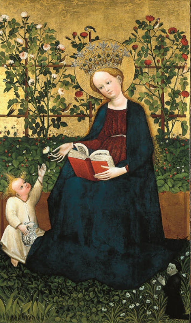 Mittelalterliches Gemälde von Maria und dem Jesuskind in einem Garten. Maria sitzt in einem blauen Gewand auf dem Boden und liest in einem roten Buch. Sie hat lange offene Haare und trägt eine grosse Krone. Das Jesuskind steht neben ihr. Hinter Maria ihr ist ein Gestell zu sehen und zwei Rosenbüsche, in deren Zweigen Vögel turnen. Im oberen Teil bildet ein Goldgrund den Hintergrund des Bildes.